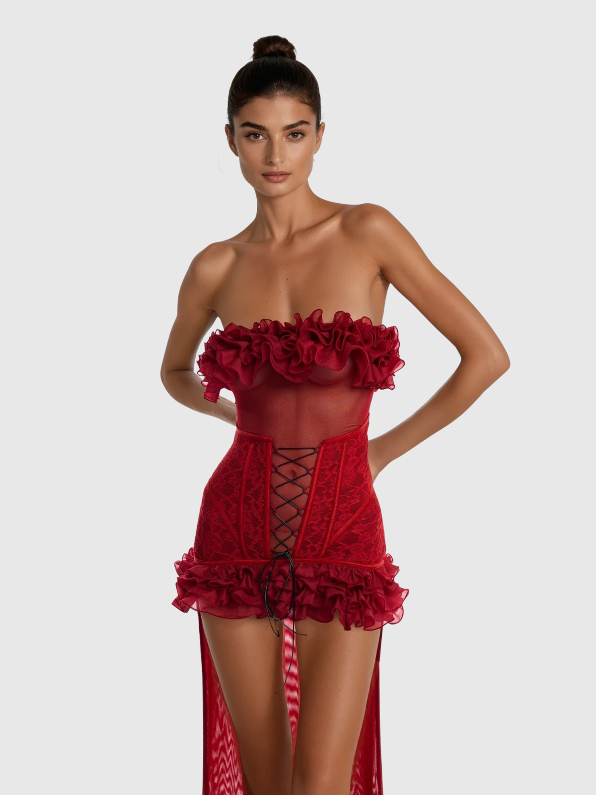 Kacia Strapless Ruffle Mesh Maxi Dress