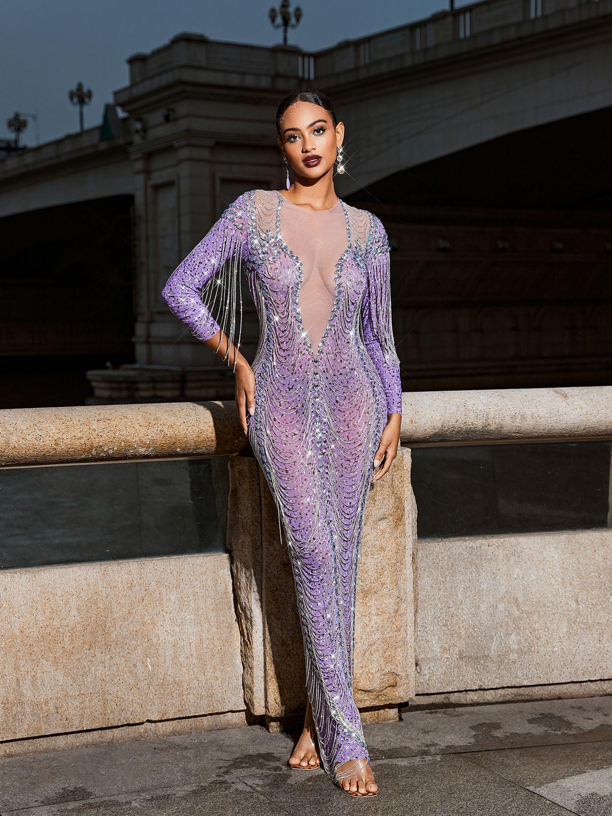 Kaede Crystal Chain Fringe Mesh Maxi Dress In Purple