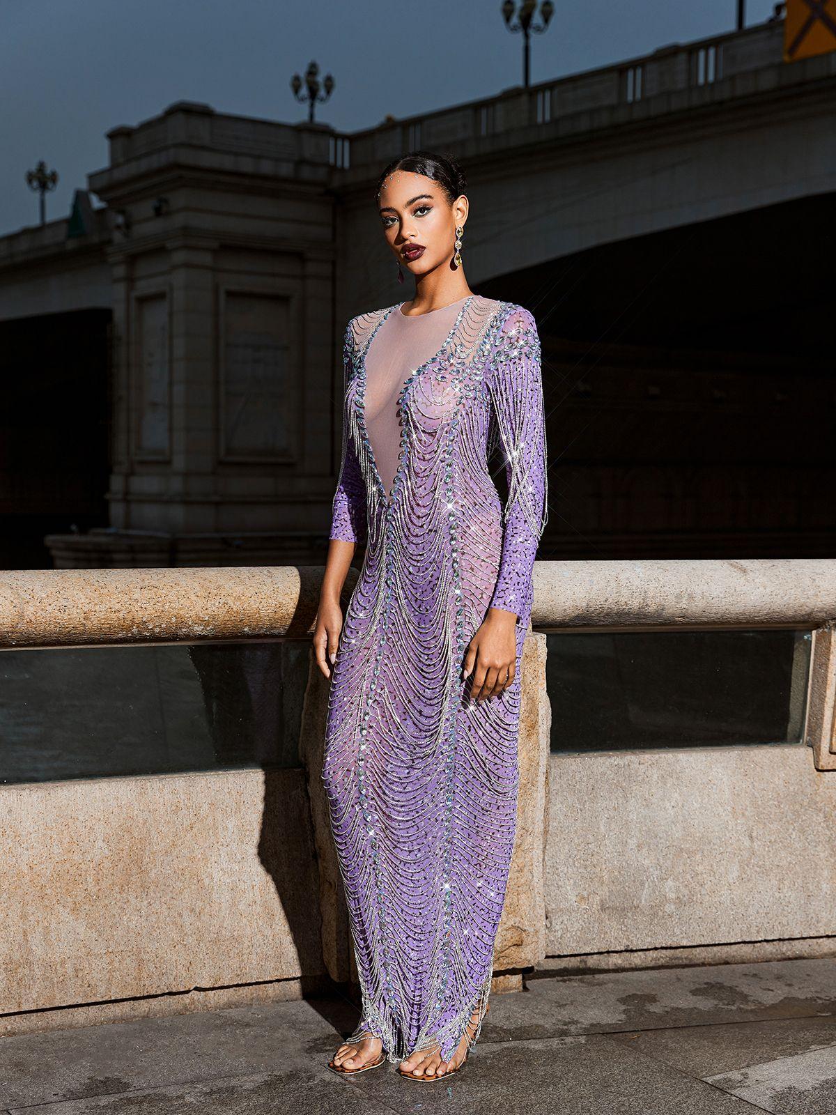 Kaede Crystal Chain Fringe Mesh Maxi Dress In Purple
