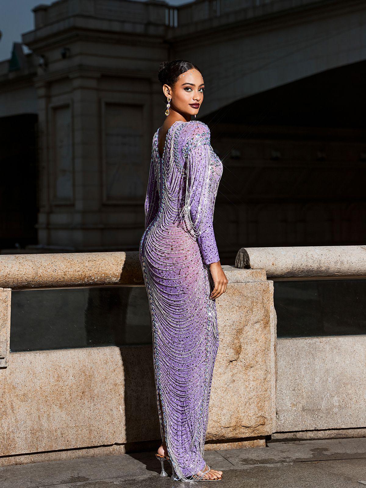 Kaede Crystal Chain Fringe Mesh Maxi Dress In Purple