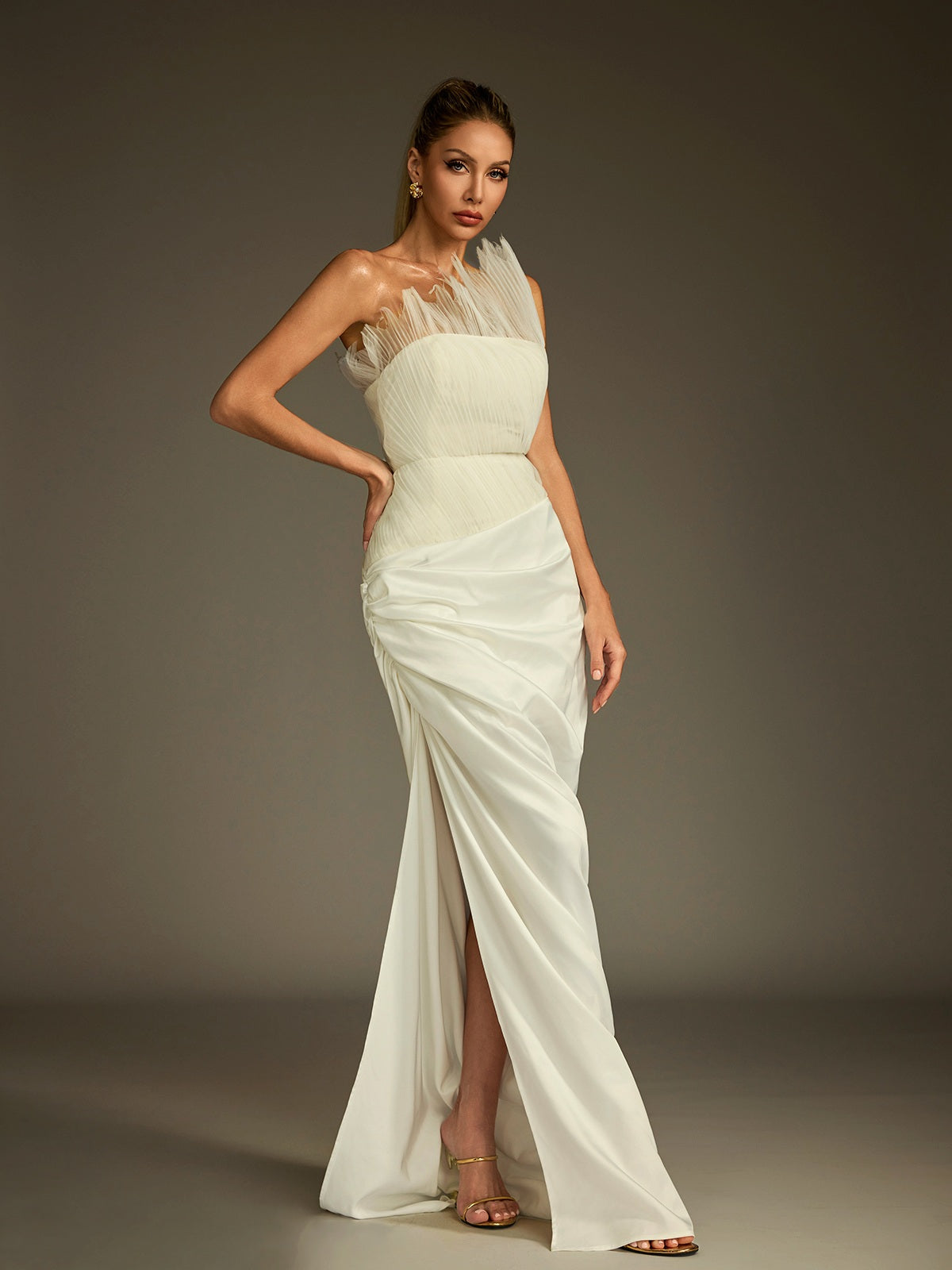 Kaelan Strapless Ruched Split Skirt Set