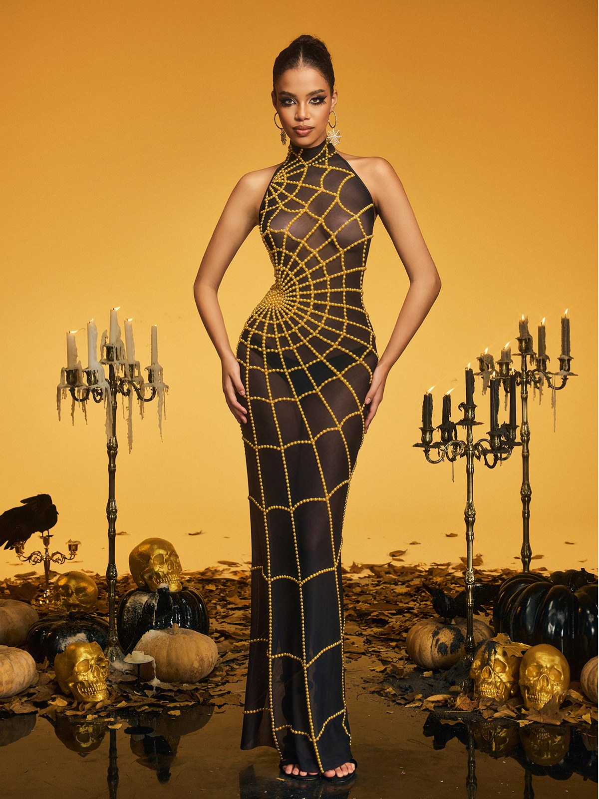 Kaelyra High Neck Cobweb Pearl Maxi Dress In Gold