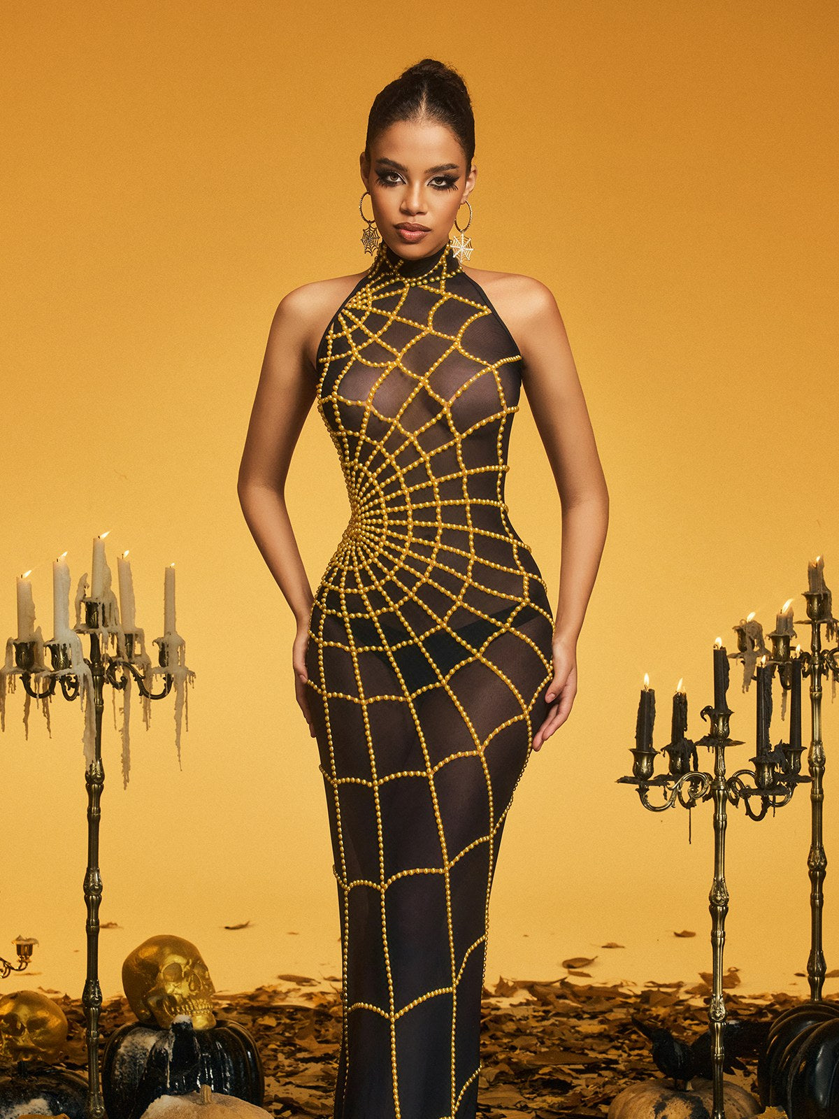 Kaelyra High Neck Cobweb Pearl Maxi Dress In Gold