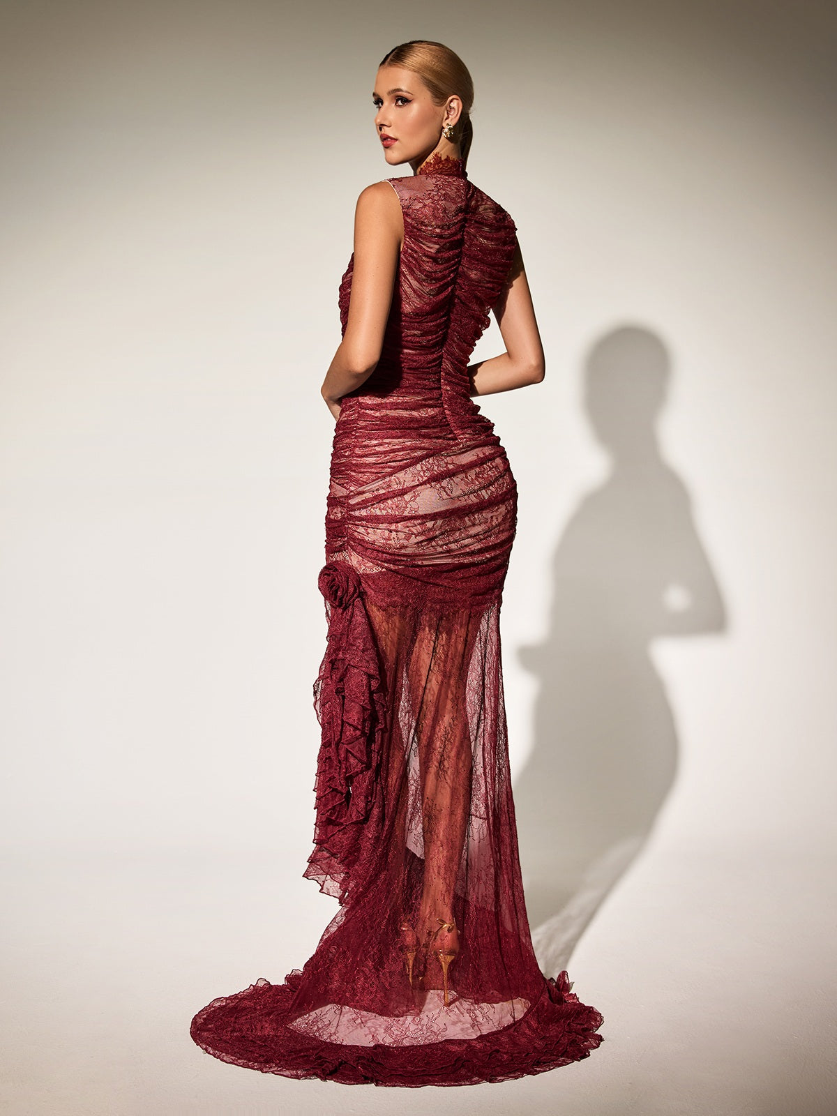 Kaldris High Neck Lace Ruffle Maxi Dress
