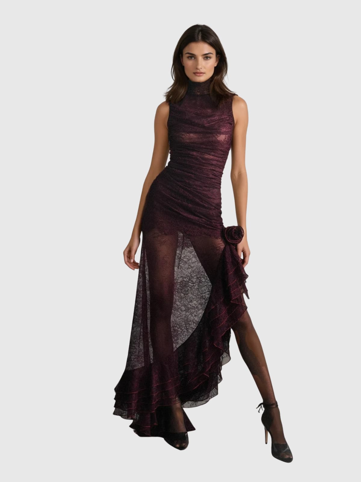 Kaldris High Neck Lace Ruffle Maxi Dress