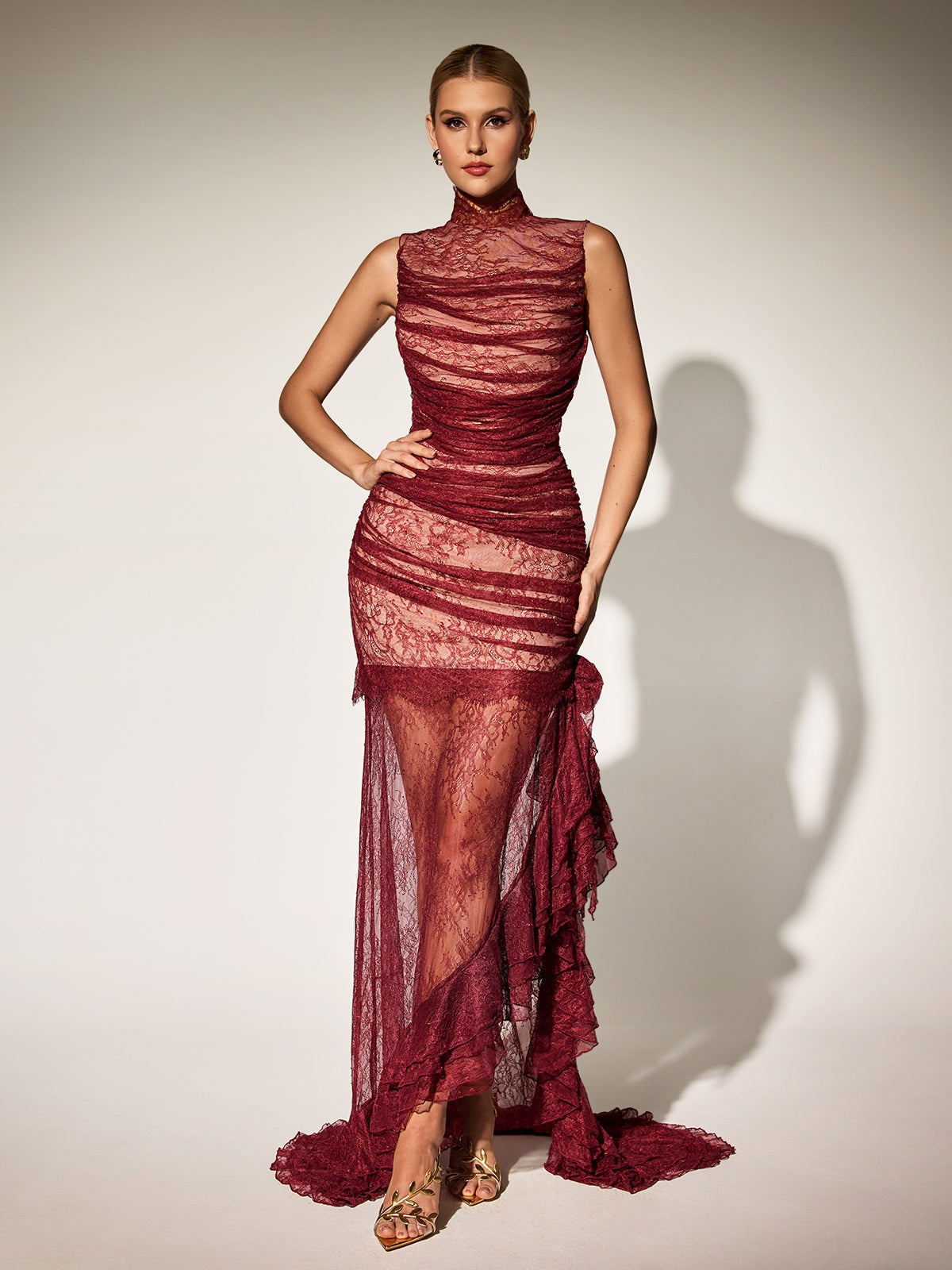 Kaldris High Neck Lace Ruffle Maxi Dress