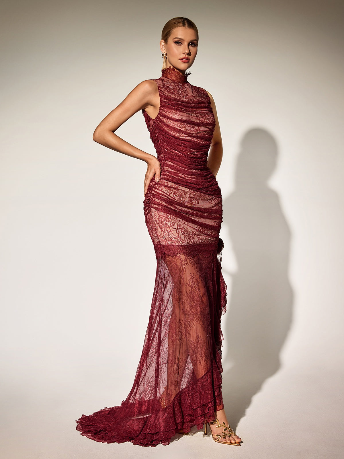 Kaldris High Neck Lace Ruffle Maxi Dress