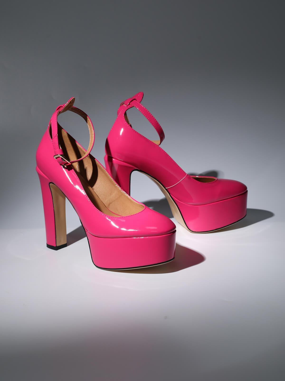 Kalea Leather Platform Heels in vibrant hot pink, perfect for stylish women's footwear on glamorous occasions.