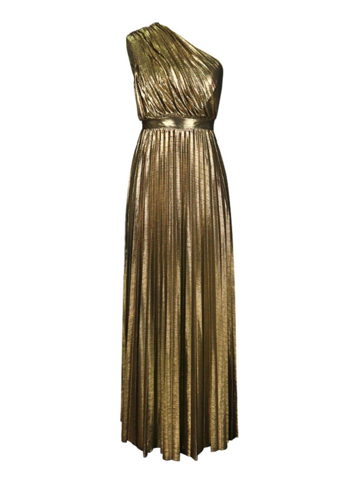 Kaleen One Shoulder Metallic Maxi Dress in Gold, featuring a flattering silhouette and dramatic length for elegant evening wear.