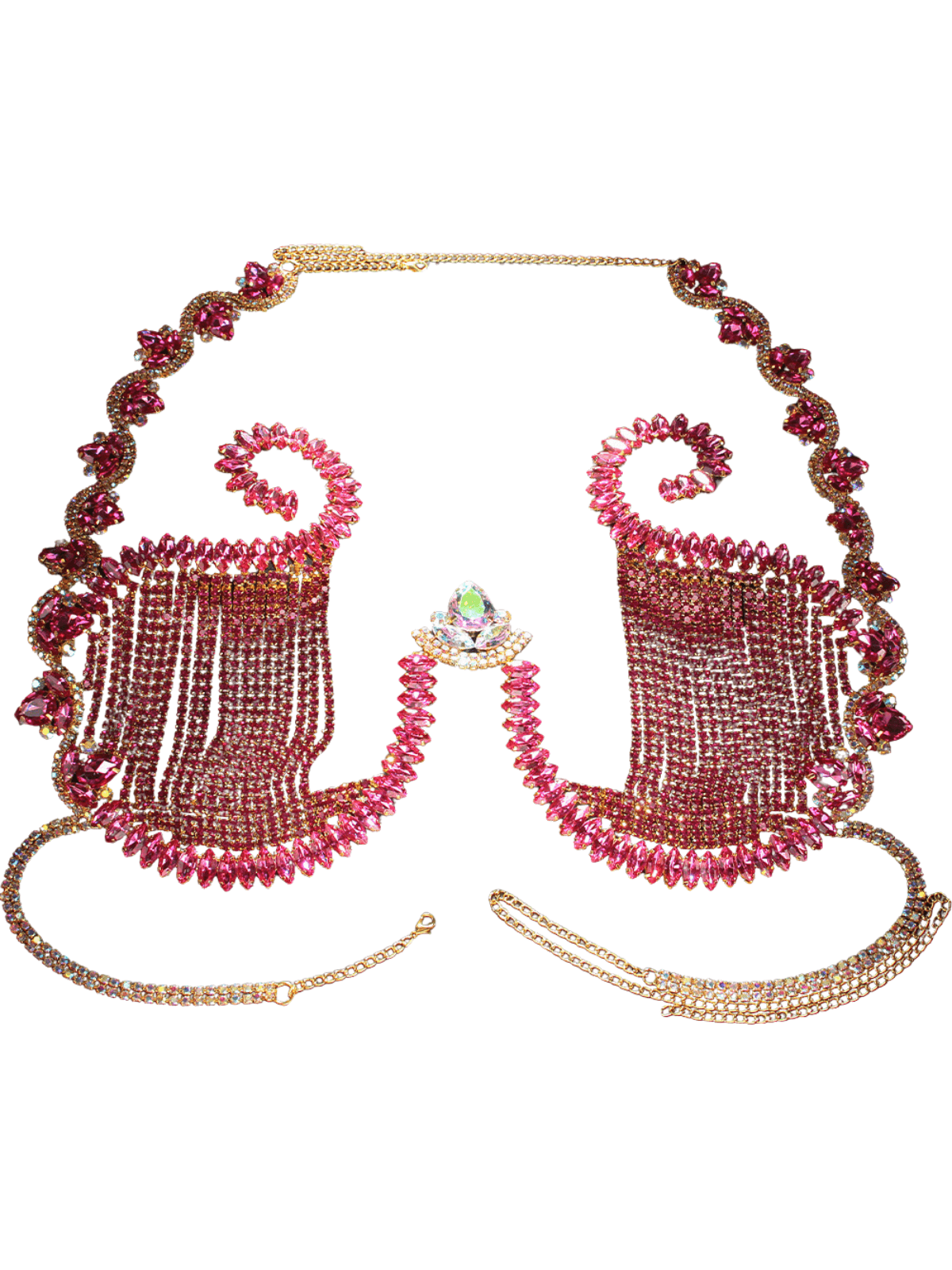 A stunning close-up of the Kalindi Halterneck Rhinestone Bralette in pink.  Showcasing its dazzling rhinestone detailing and comfortable halterneck design. Perfect for summer outfits.