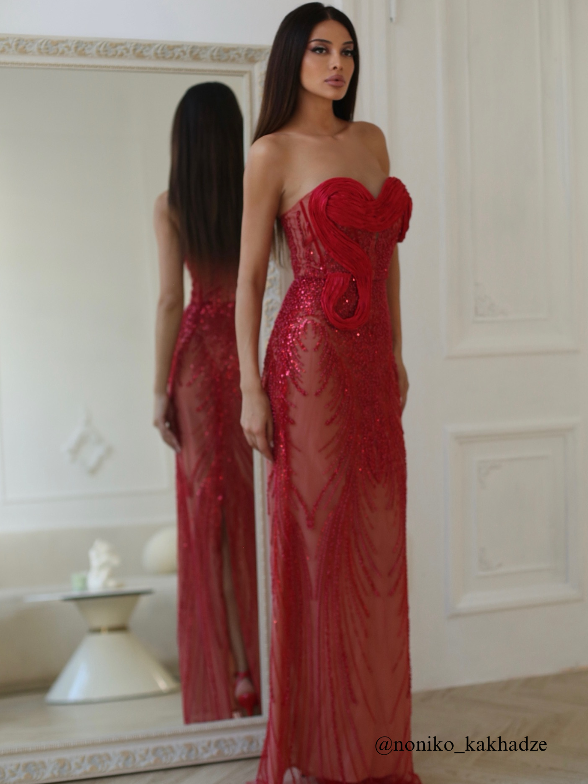 Kaloni Strapless Sequin Mesh Maxi Dress In Red