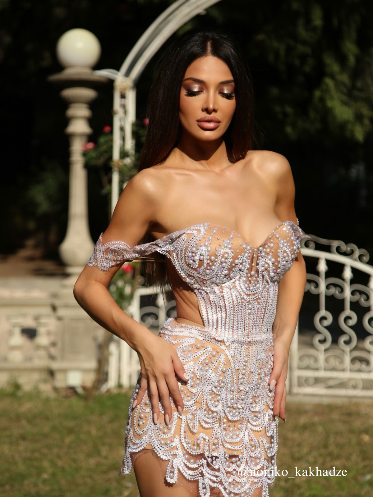 Kalyca Off Shoulder Sequin Pearl Skirt Set