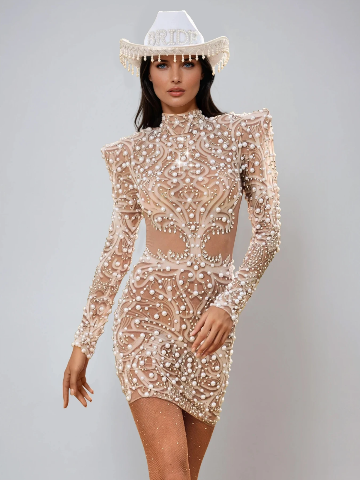 Karissa Rhinestone Pearl Mesh Mini Dress