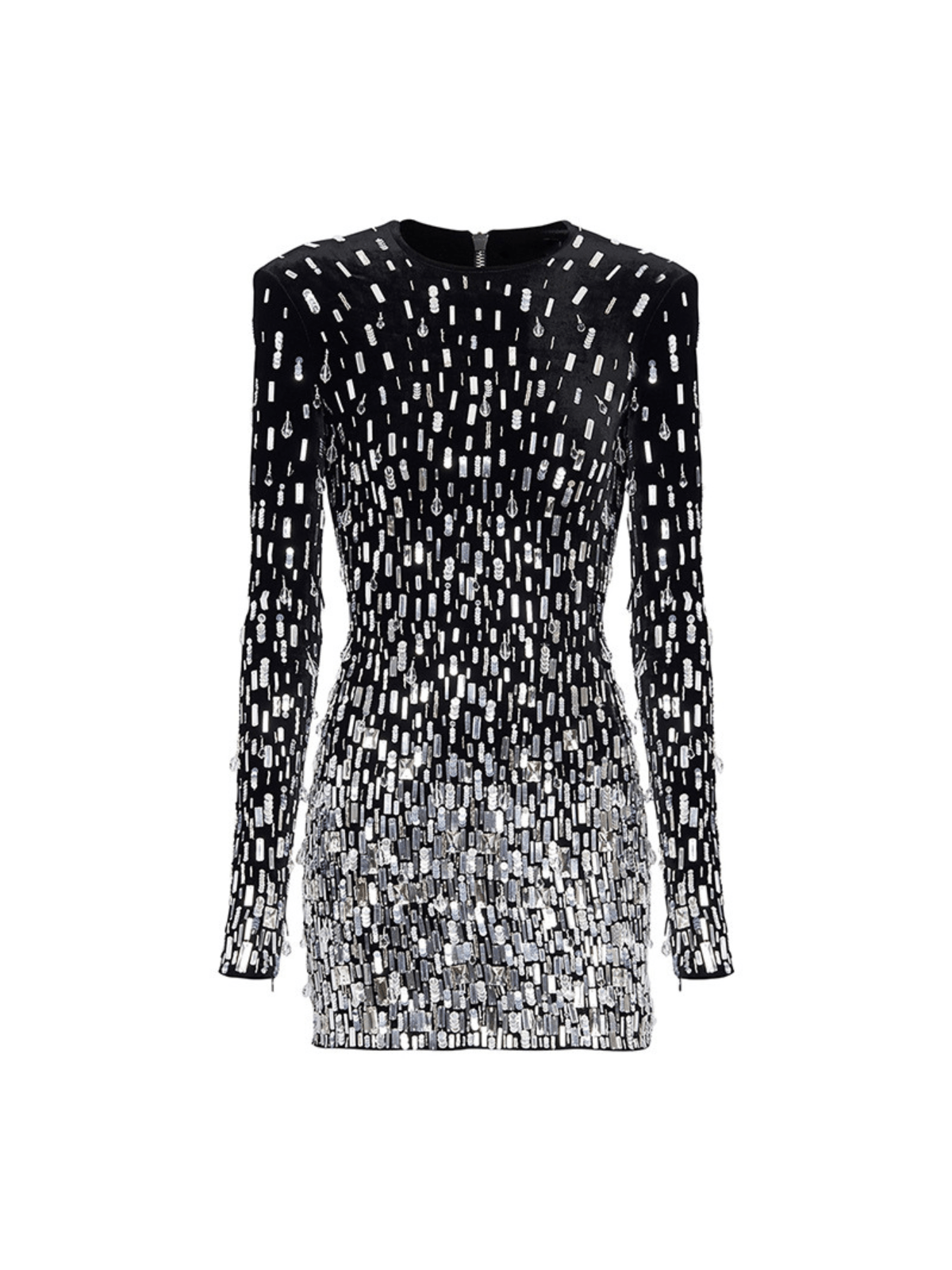 Karla Long Sleeve Embellished Velvet Dress in black, featuring rhinestone and sequin details, ideal for elegant occasions.