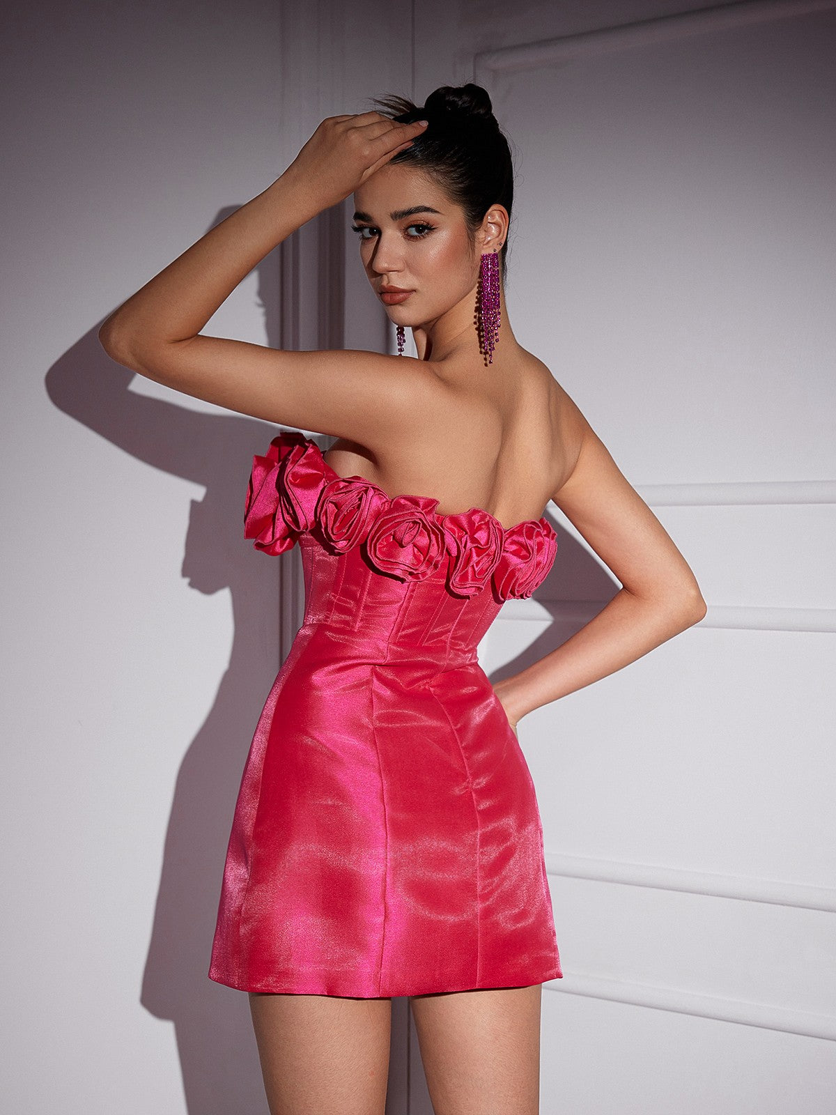 Katelynn Strapless Mini Dress in red satin with floral accents.  Elegant and flattering, perfect for parties, garden parties, or summer evenings.