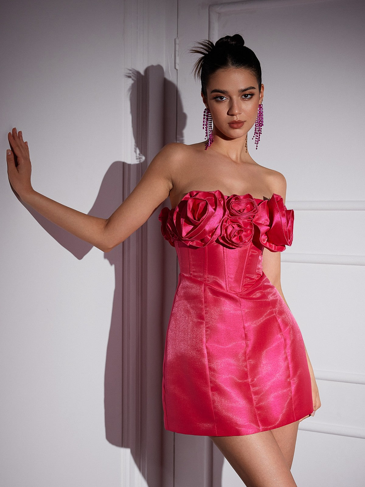 Katelynn Strapless Mini Dress in red satin with floral accents.  Elegant and flattering, perfect for parties, garden parties, or summer evenings.