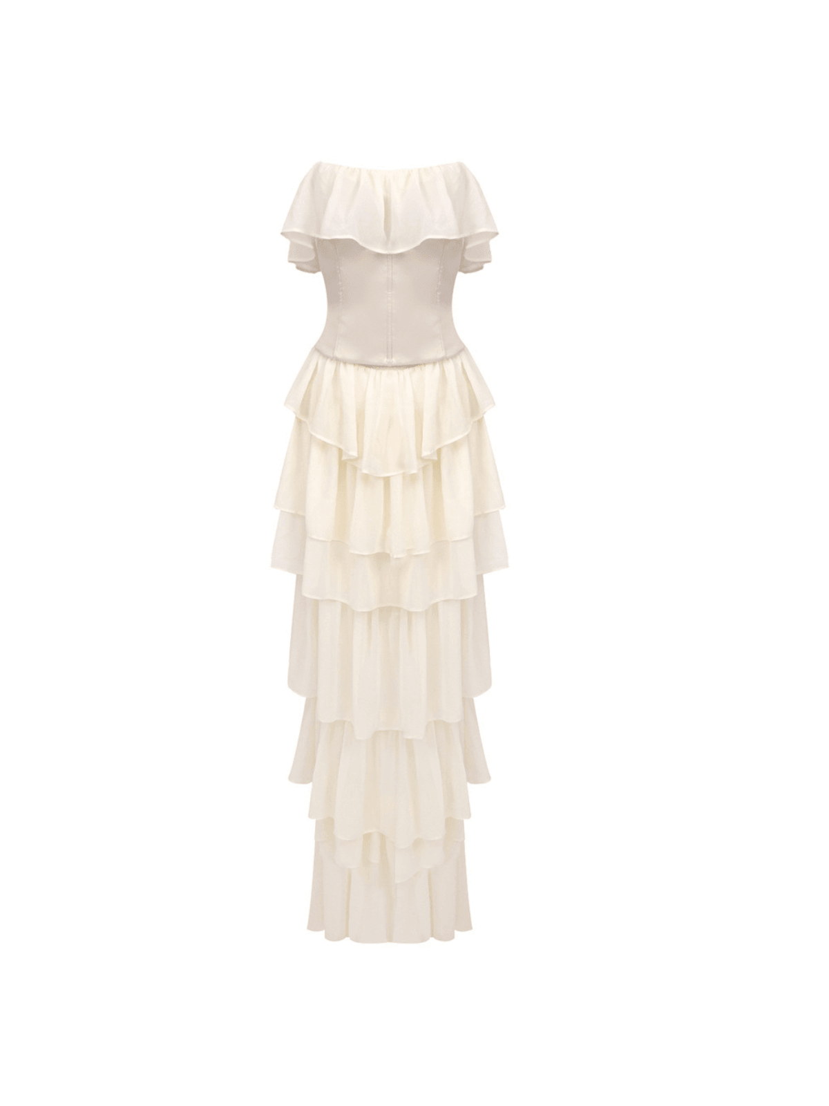 Elegant white strapless ruched mesh maxi dress.  Perfect for parties and weddings. Features a flattering ruched bodice and flowing maxi skirt.