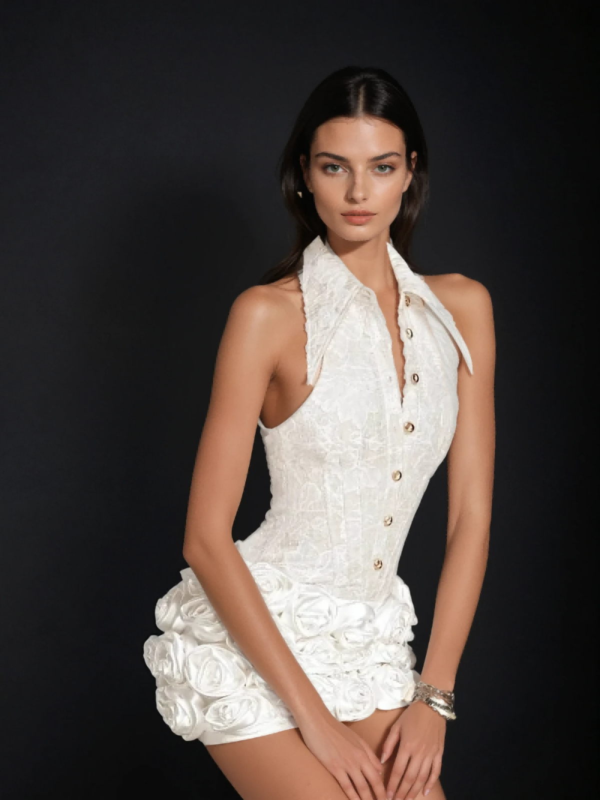 Kaula Folded Collar Flower Mini Dress