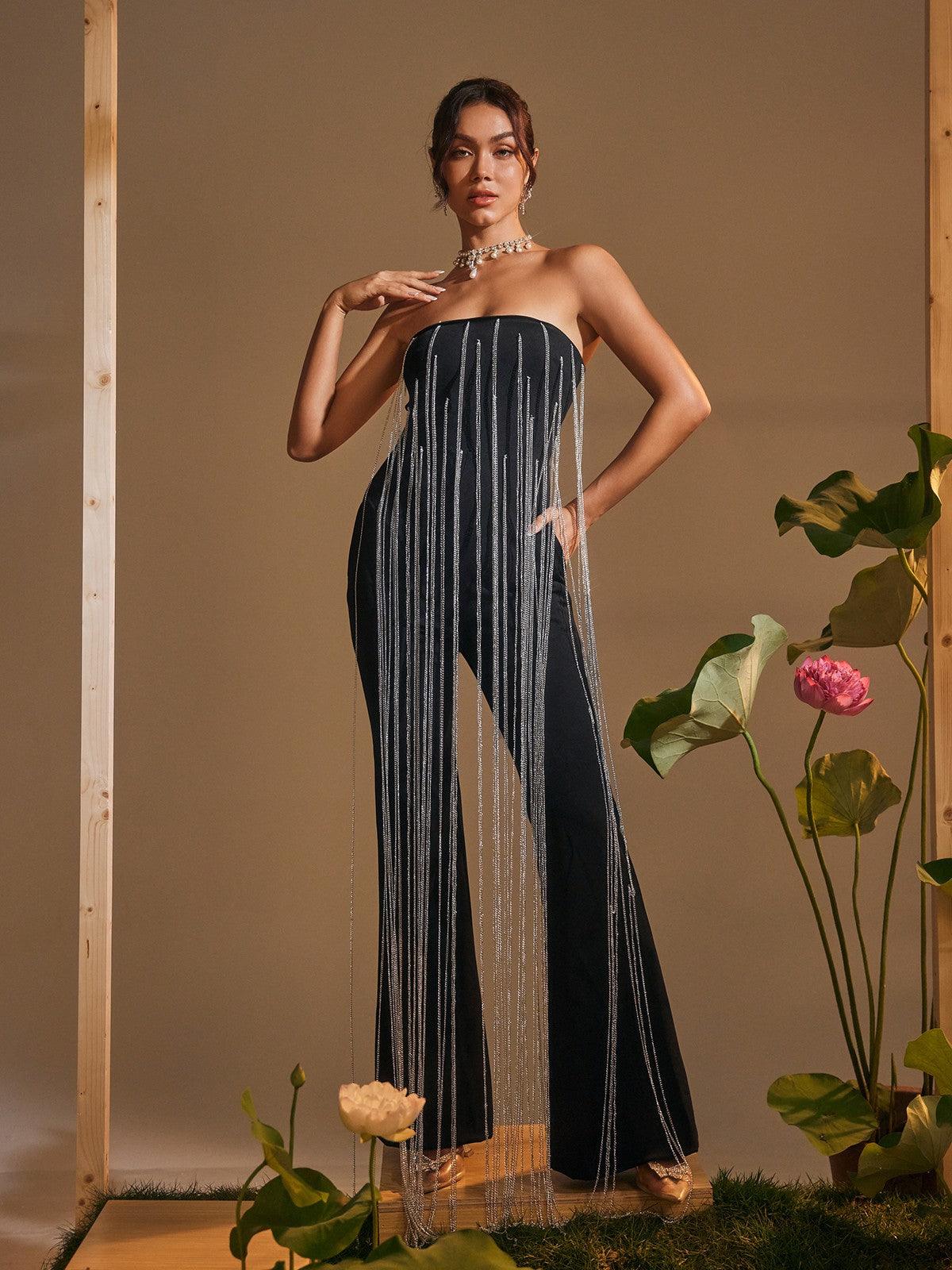 Kaveri Strapless Jumpsuit featuring sparkling crystal chain fringe, ideal for elegant parties and special events.