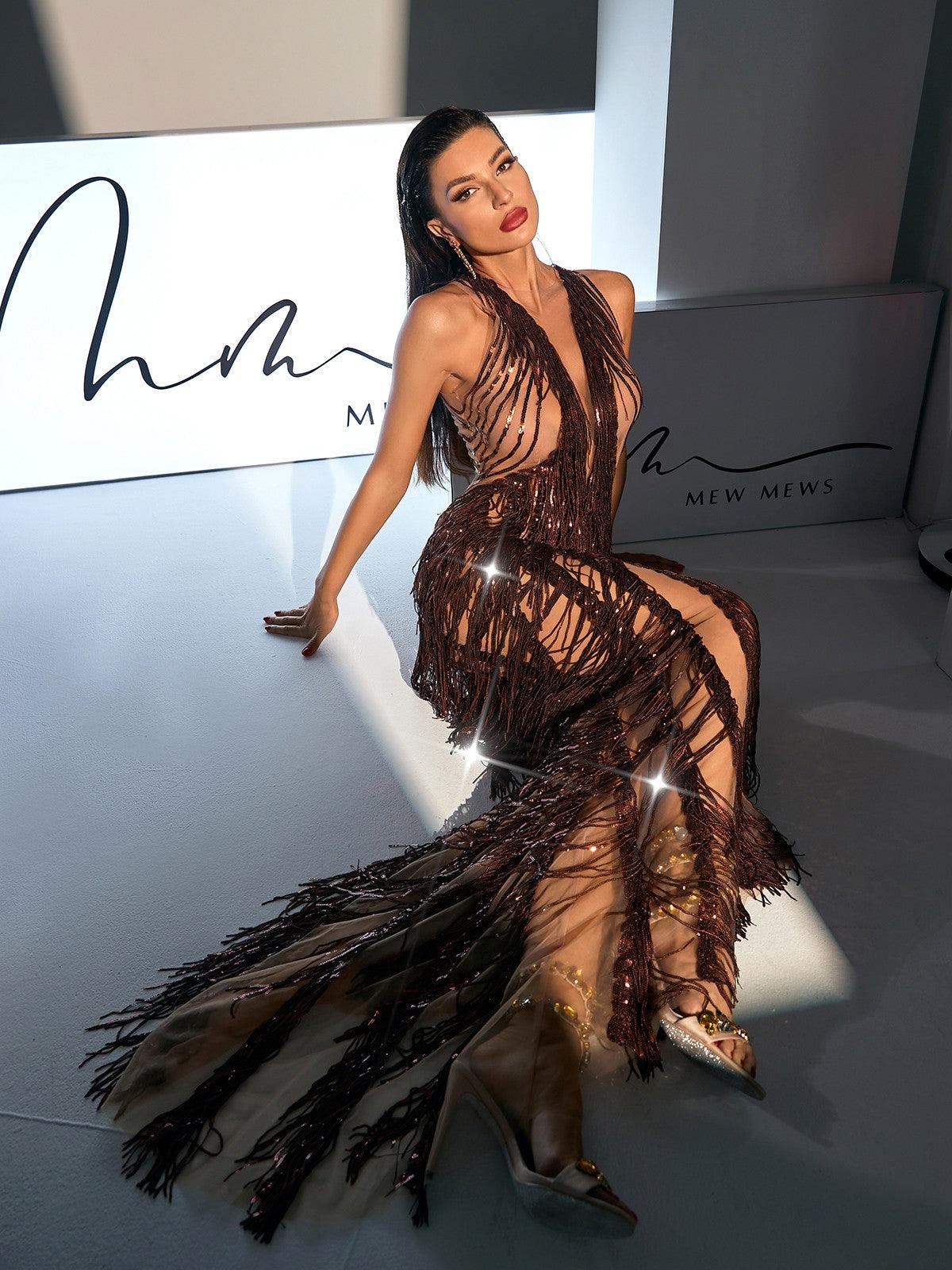 Brown Keir sleeveless sequin fringe mesh maxi dress. Glamorous sparkly fringe and sequin details. Perfect for prom, weddings, or special occasions.  Available in XS-XL.