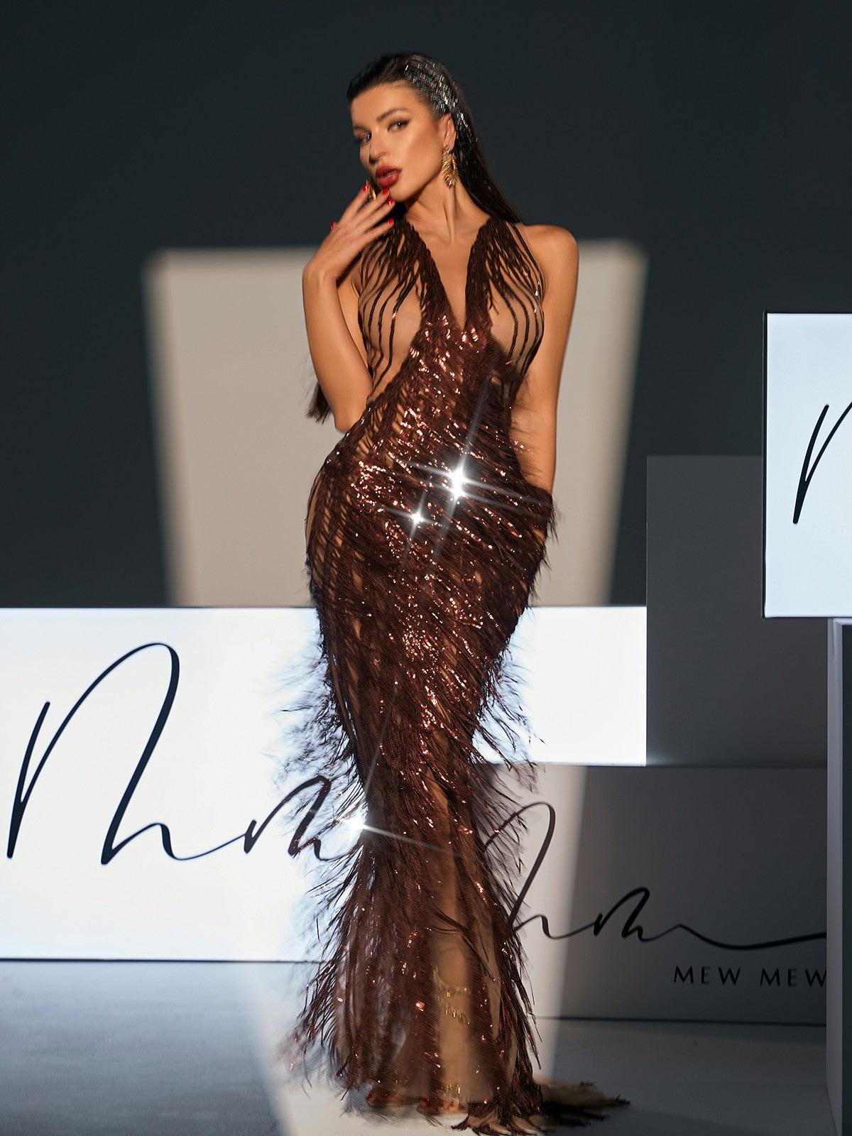 Brown Keir sleeveless sequin fringe mesh maxi dress. Glamorous sparkly fringe and sequin details. Perfect for prom, weddings, or special occasions.  Available in XS-XL.
