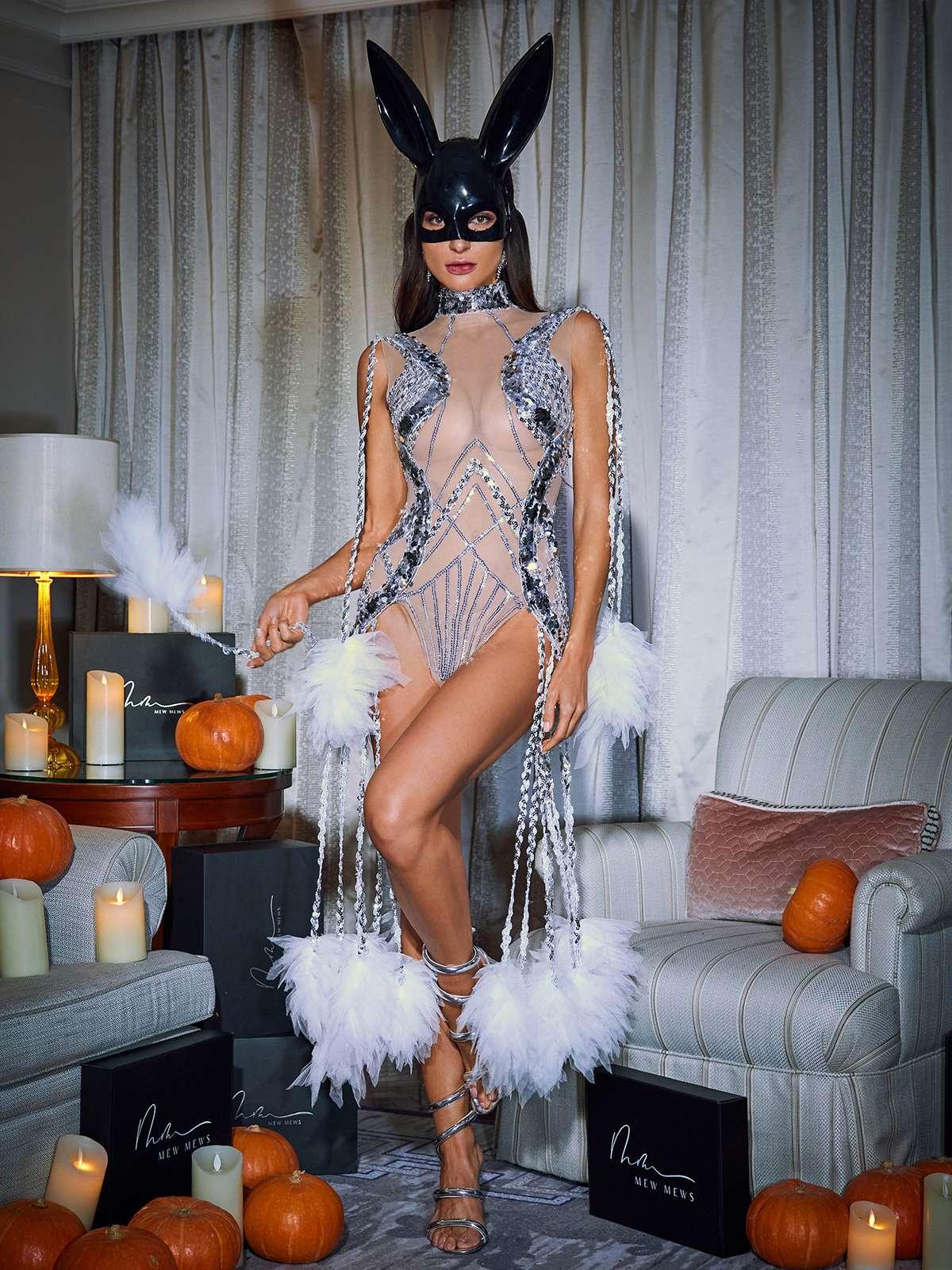Kent Sequin Fringe Mesh Bodysuit in silver featuring sequins, fringe details, and breathable mesh fabric for a stunning look.