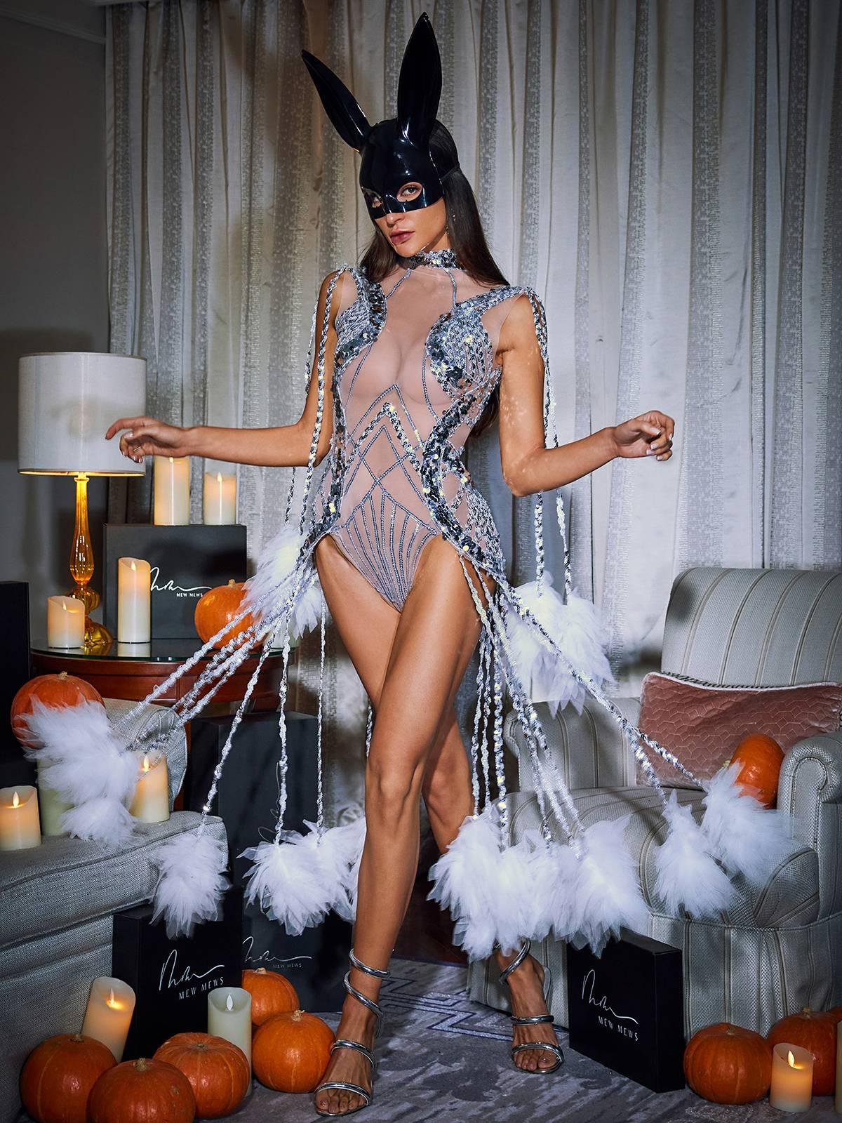 Kent Sequin Fringe Mesh Bodysuit in silver featuring sequins, fringe details, and breathable mesh fabric for a stunning look.