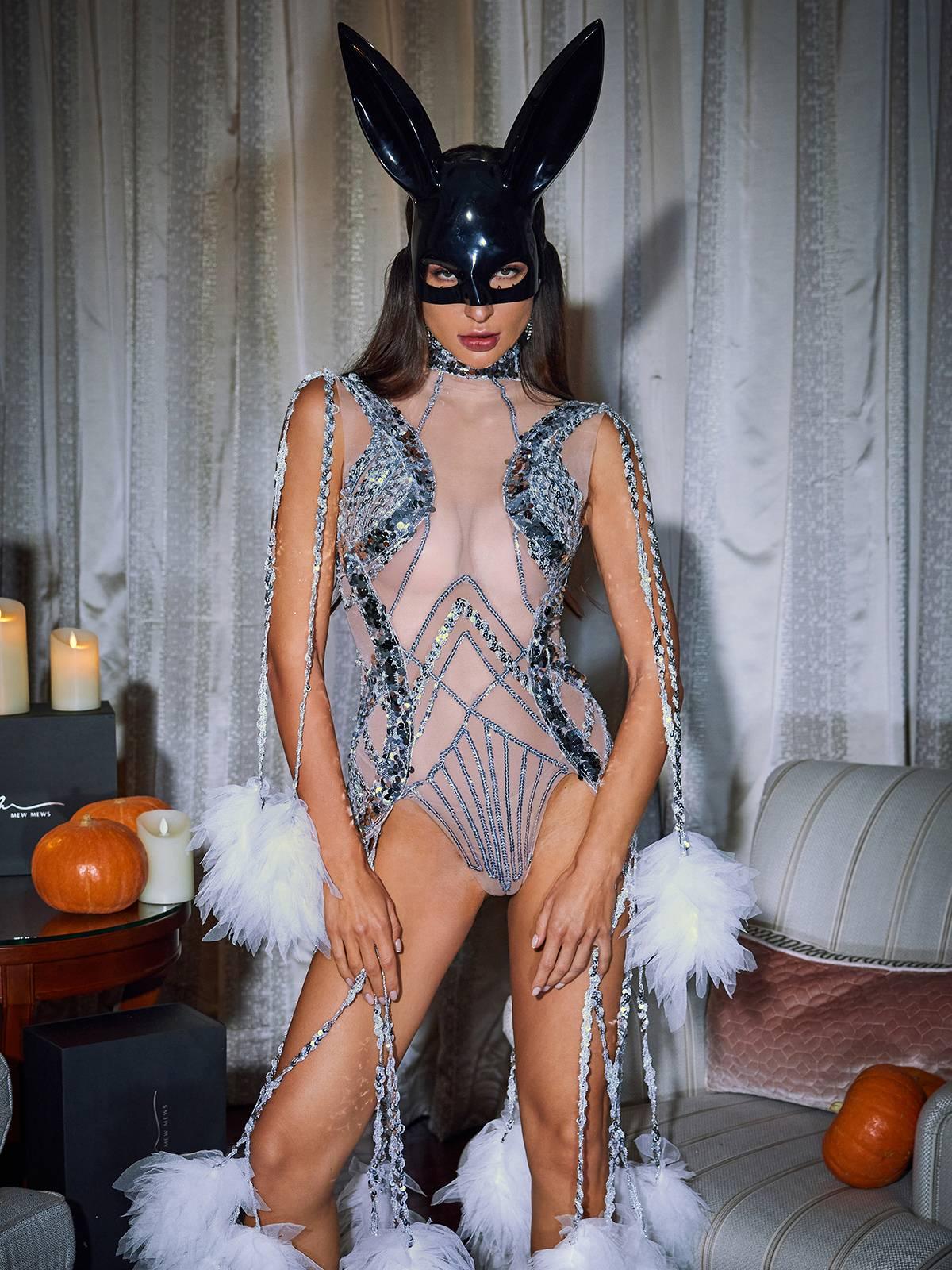 Kent Sequin Fringe Mesh Bodysuit in silver featuring sequins, fringe details, and breathable mesh fabric for a stunning look.