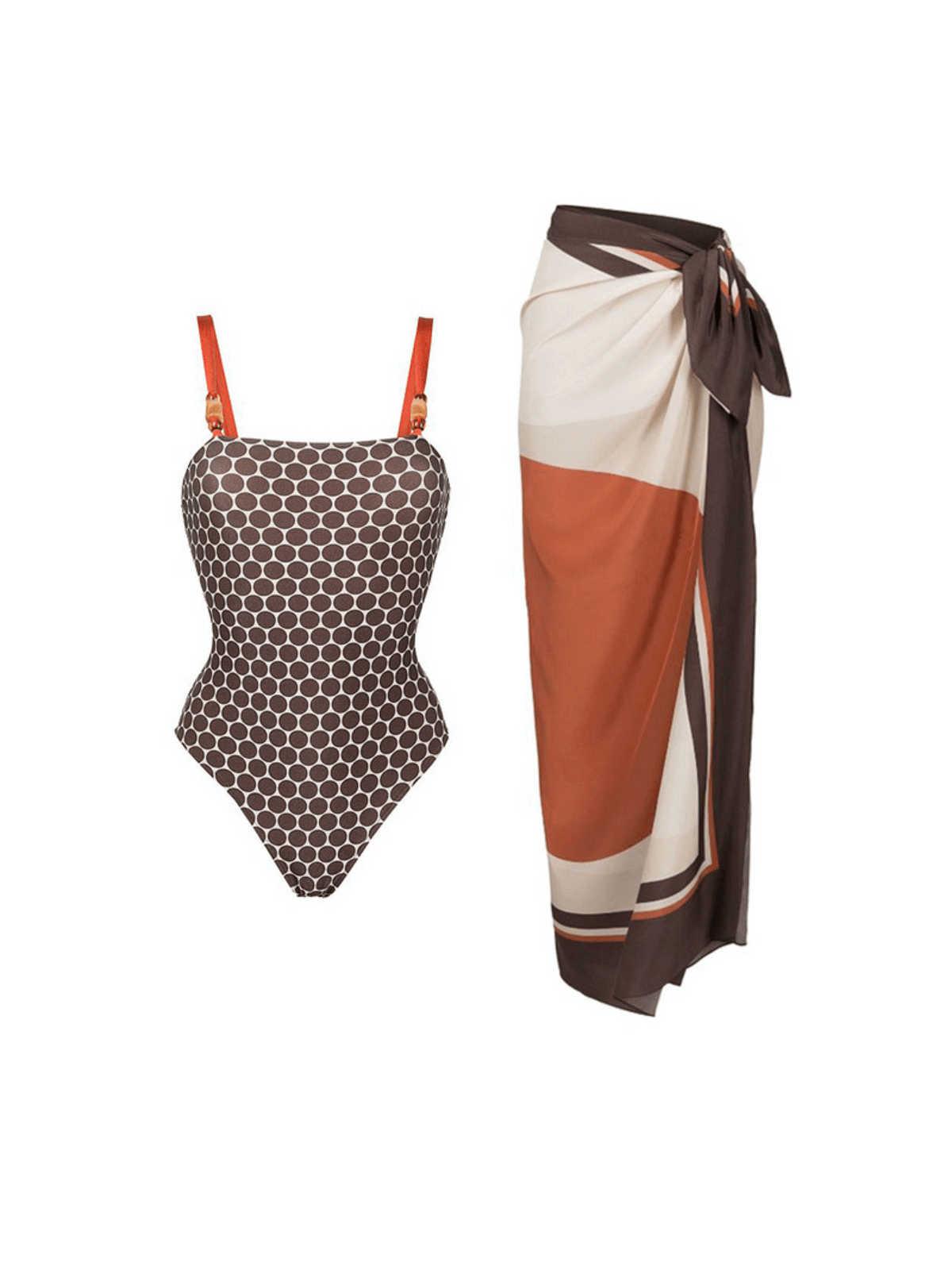Keri Dot Printed Two Piece Swimwear Set in brown featuring fun polka dot design, perfect for summer beach outings.