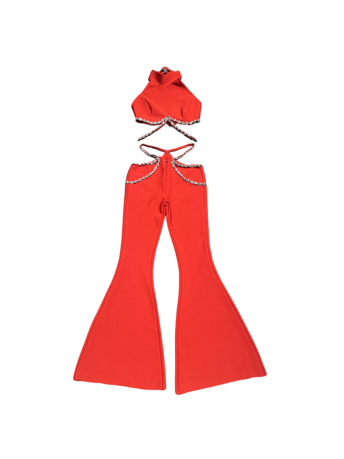 Kesar Halterneck Crystal Bandage Pants Set showcasing a stunning design with elegant halterneck and sparkling crystals, perfect for parties.