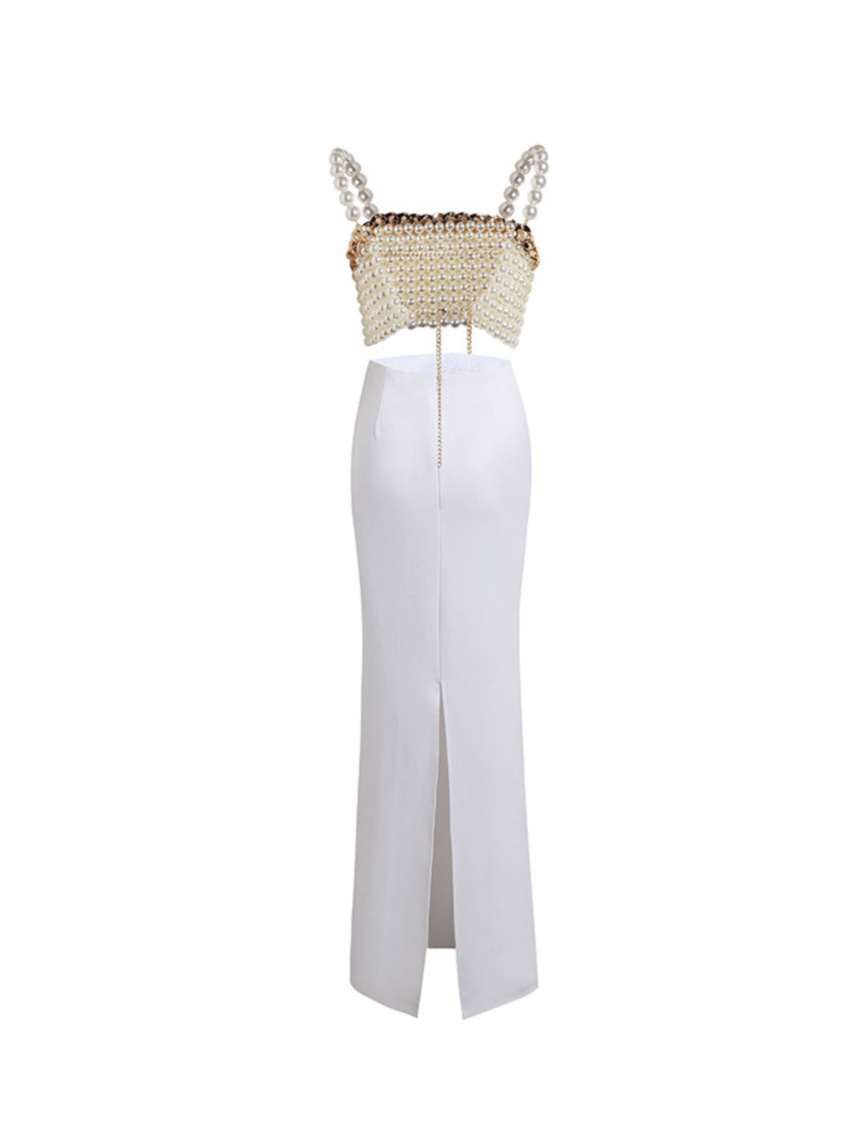 Kestrel Spaghetti Pearl Skirt Set featuring a pearl-embellished top and delicately embroidered skirt in white for elegant summer occasions.