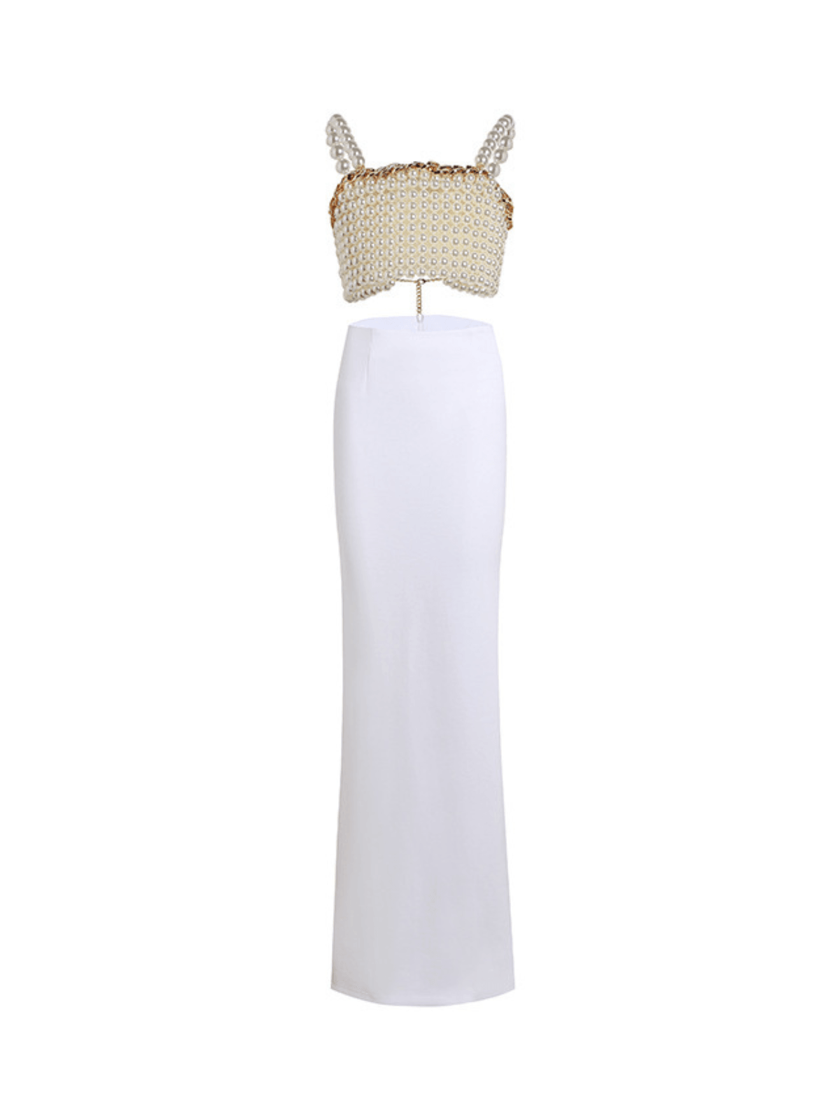 Kestrel Spaghetti Pearl Skirt Set featuring a pearl-embellished top and delicately embroidered skirt in white for elegant summer occasions.