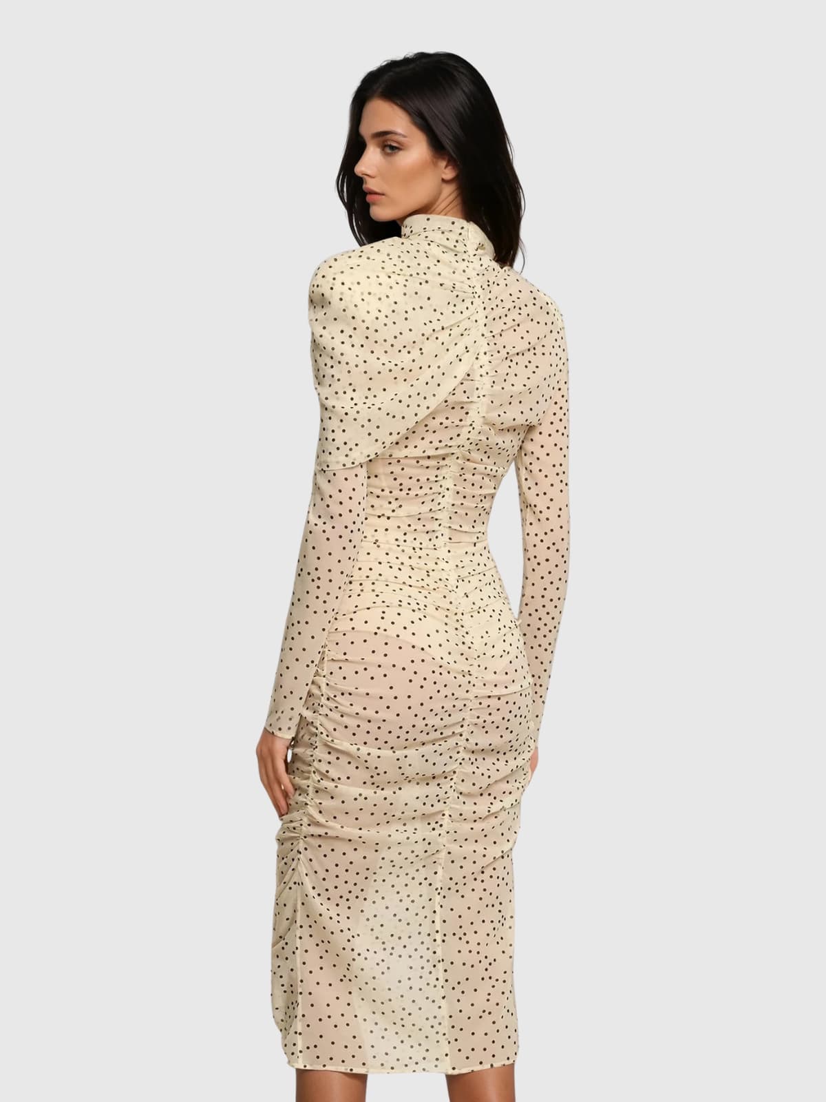 Kexia High Neck Shawl Ruched Dot Midi Dress
