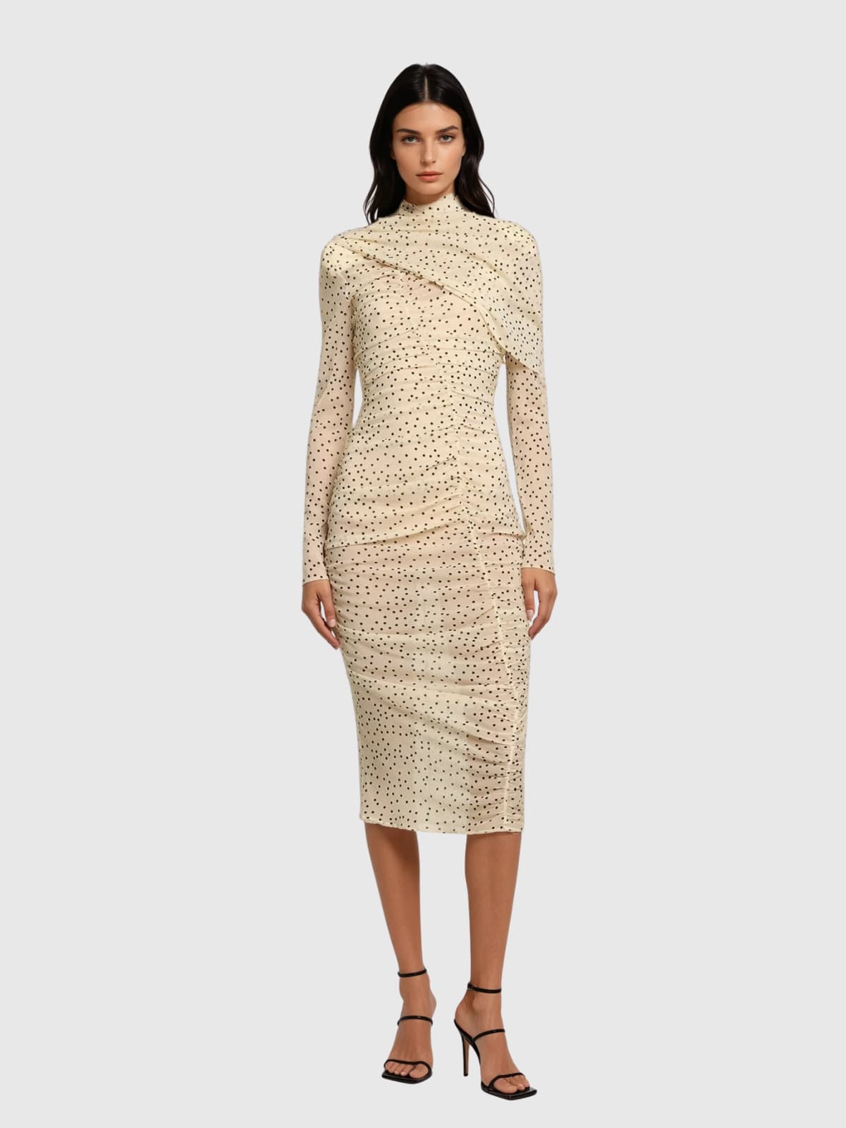 Kexia High Neck Shawl Ruched Dot Midi Dress