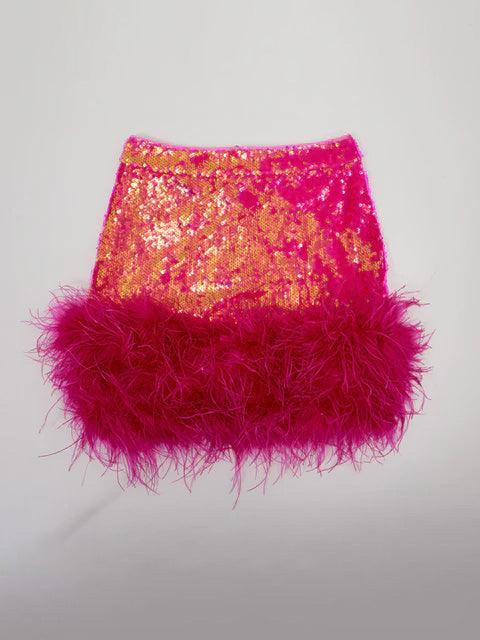 Hot pink Kiara sequin feather mini skirt.  Stylish and comfortable, perfect for dancing. Features sequins and feathers for a statement look.