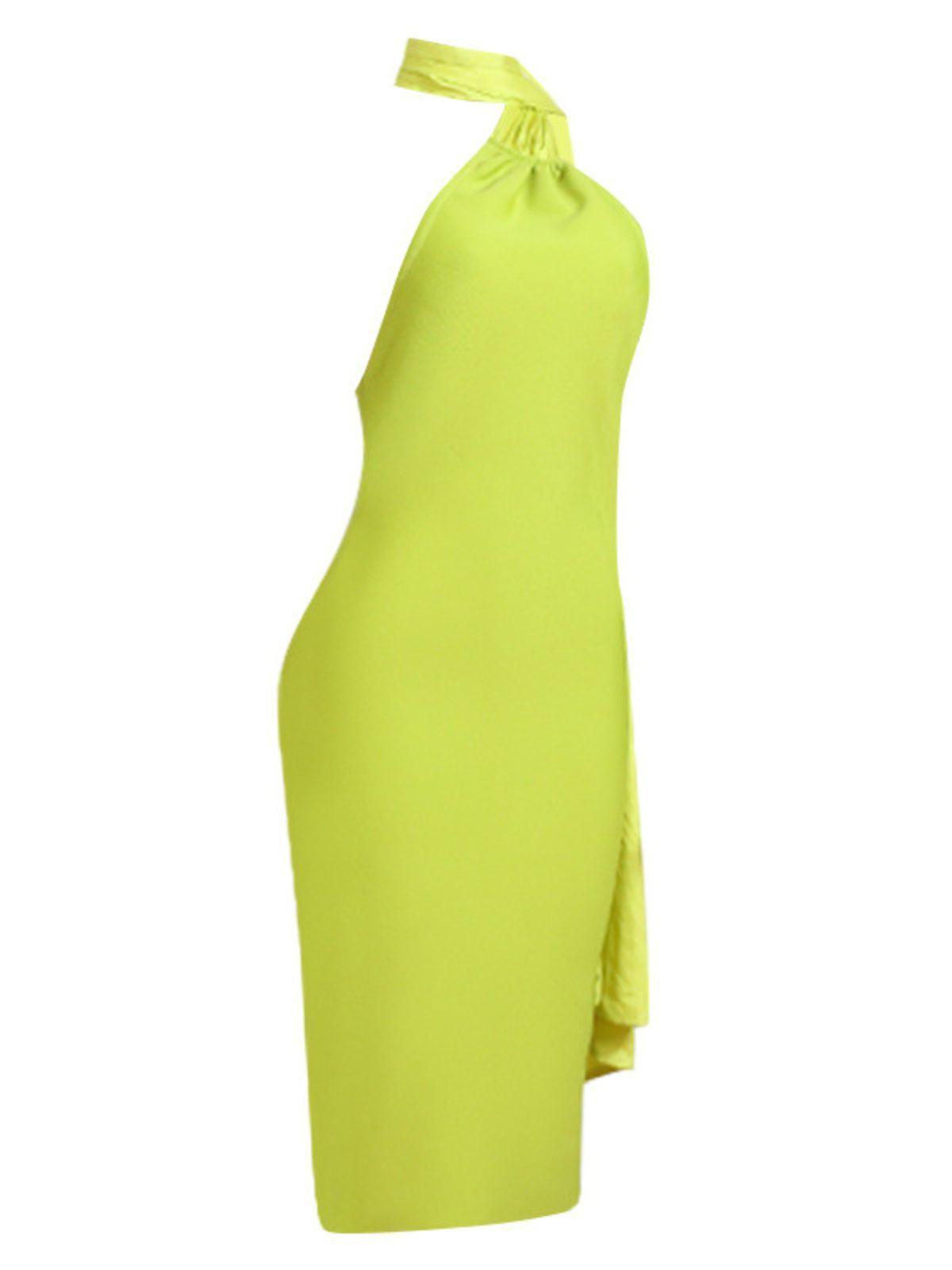 Model wearing a stunning chic green Kinga halterneck bandage midi dress with an open back, showcasing its figure-hugging fit and elegant design. Perfect for weddings or special occasions.