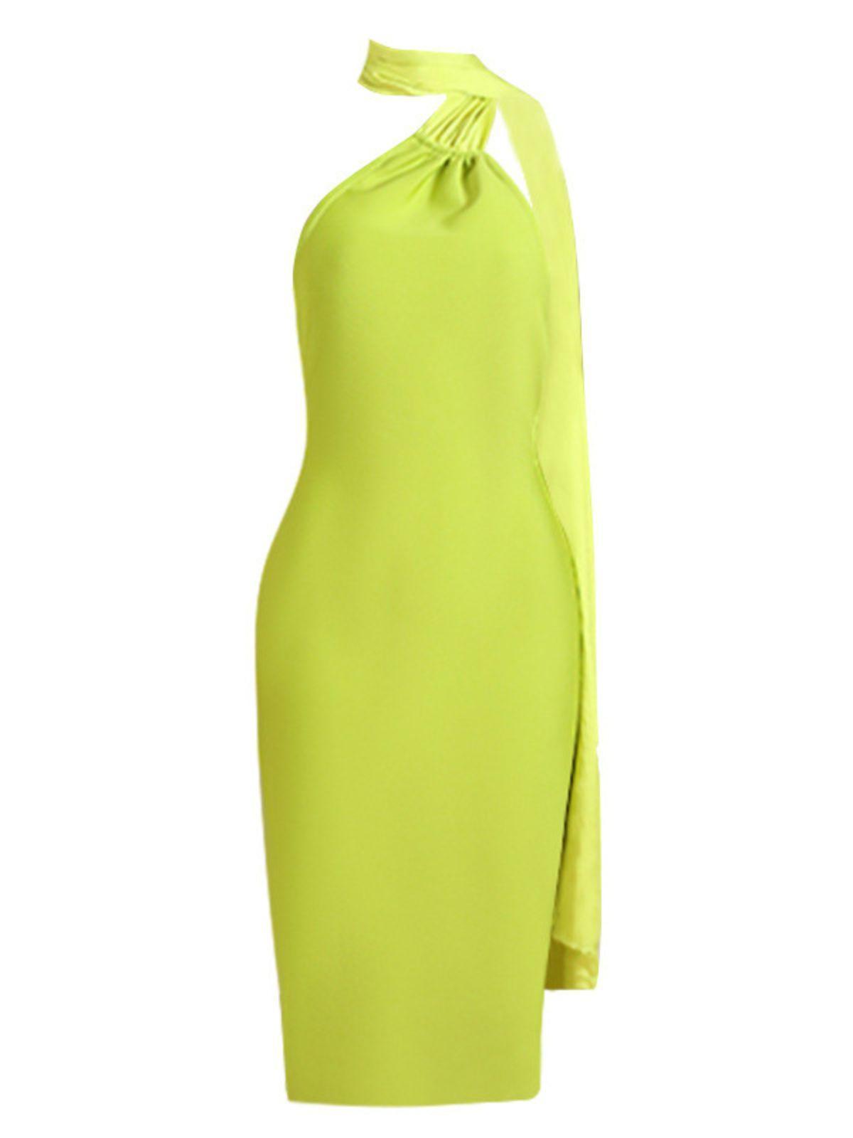 Model wearing a stunning chic green Kinga halterneck bandage midi dress with an open back, showcasing its figure-hugging fit and elegant design. Perfect for weddings or special occasions.