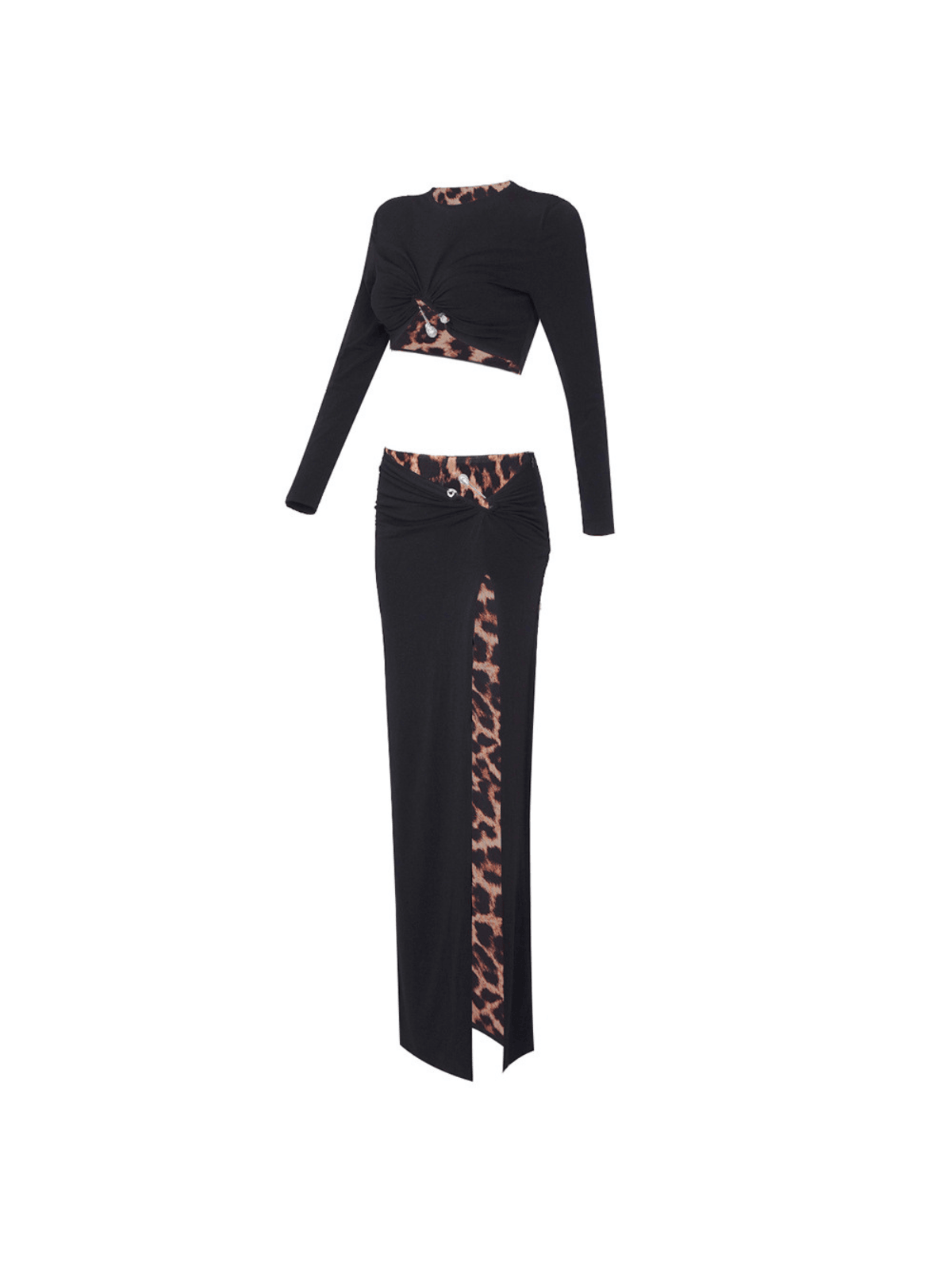 Kitto Long Sleeve Leopard Split Skirt Set showcasing a stylish leopard print design, perfect for modern women's fashion.