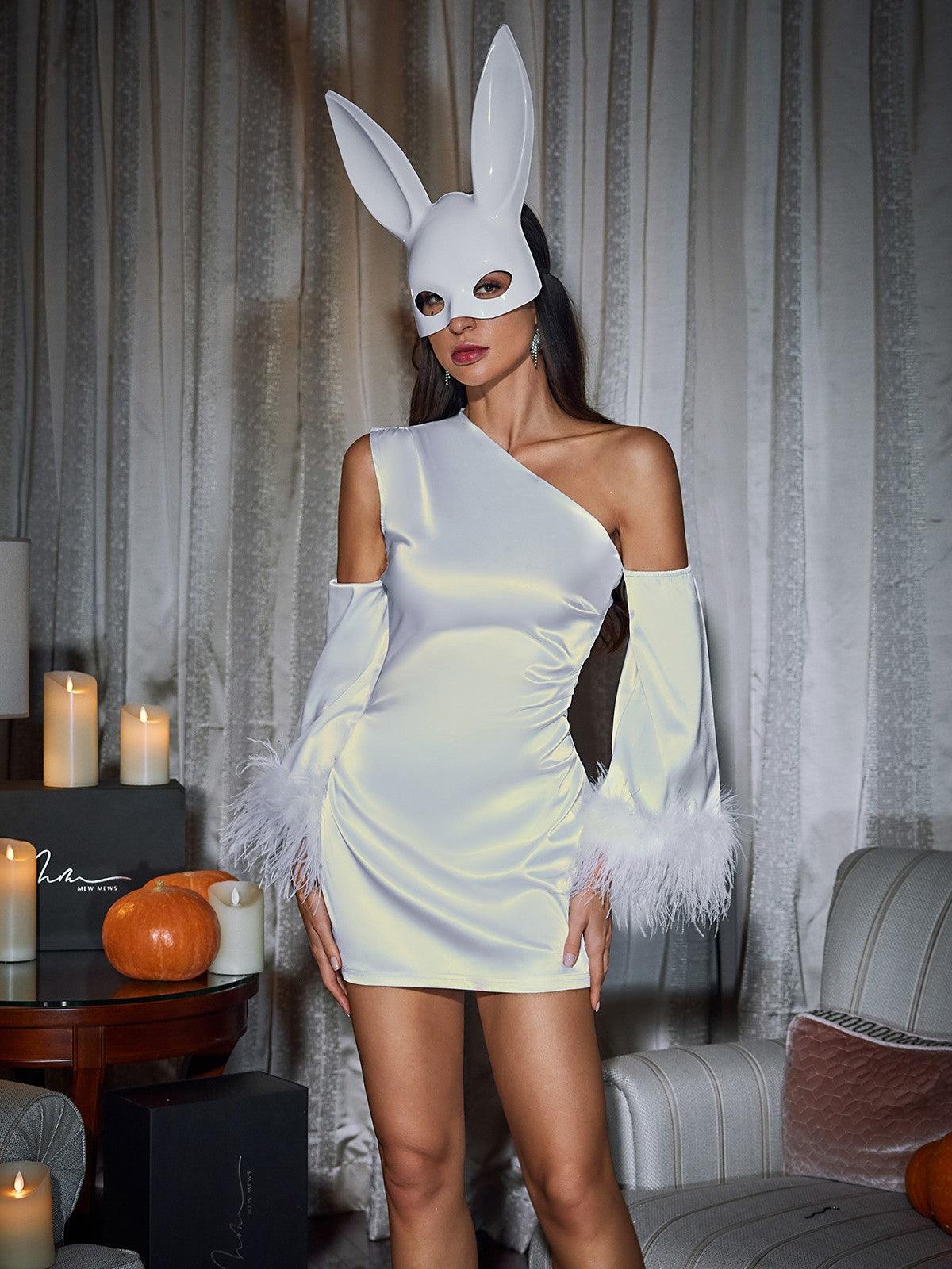 Klara Satin Feather Trimmed Mini Dress in White featuring long sleeves and feather details, perfect for a stylish evening out.