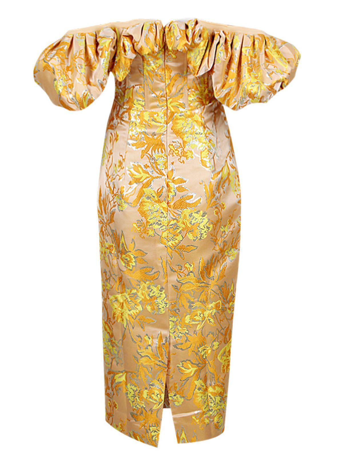 Kore Off Shoulder Jacquard Midi Dress in yellow, featuring v-neck and elegant split design, perfect for weddings and special occasions.