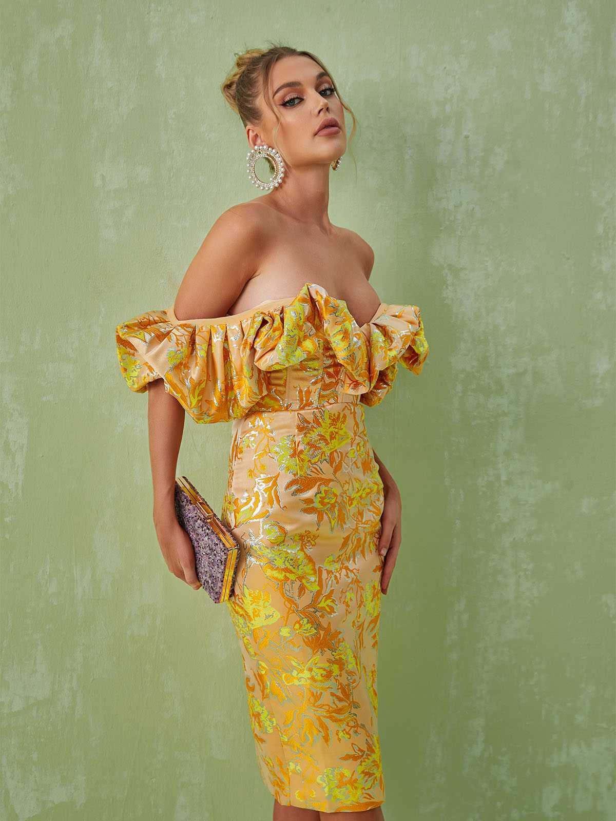 Kore Off Shoulder Jacquard Midi Dress in yellow, featuring v-neck and elegant split design, perfect for weddings and special occasions.