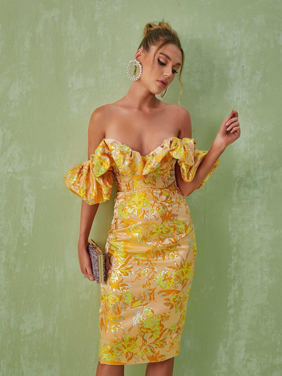 Kore Off Shoulder Jacquard Midi Dress in yellow, featuring v-neck and elegant split design, perfect for weddings and special occasions.