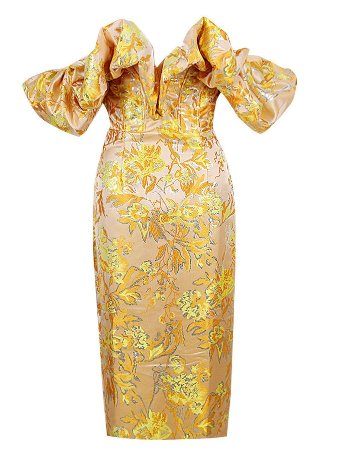 Kore Off Shoulder Jacquard Midi Dress in yellow, featuring v-neck and elegant split design, perfect for weddings and special occasions.
