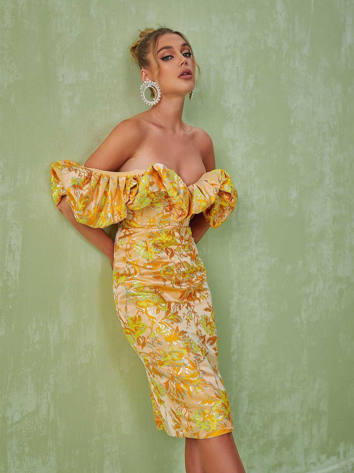 Kore Off Shoulder Jacquard Midi Dress in yellow, featuring v-neck and elegant split design, perfect for weddings and special occasions.
