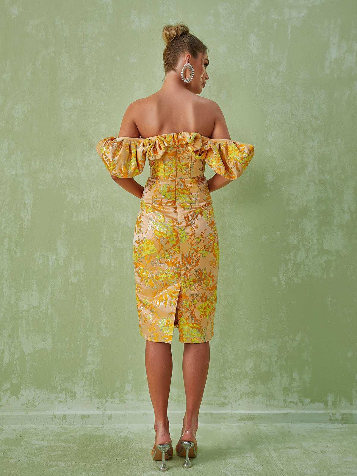 Kore Off Shoulder Jacquard Midi Dress in yellow, featuring v-neck and elegant split design, perfect for weddings and special occasions.