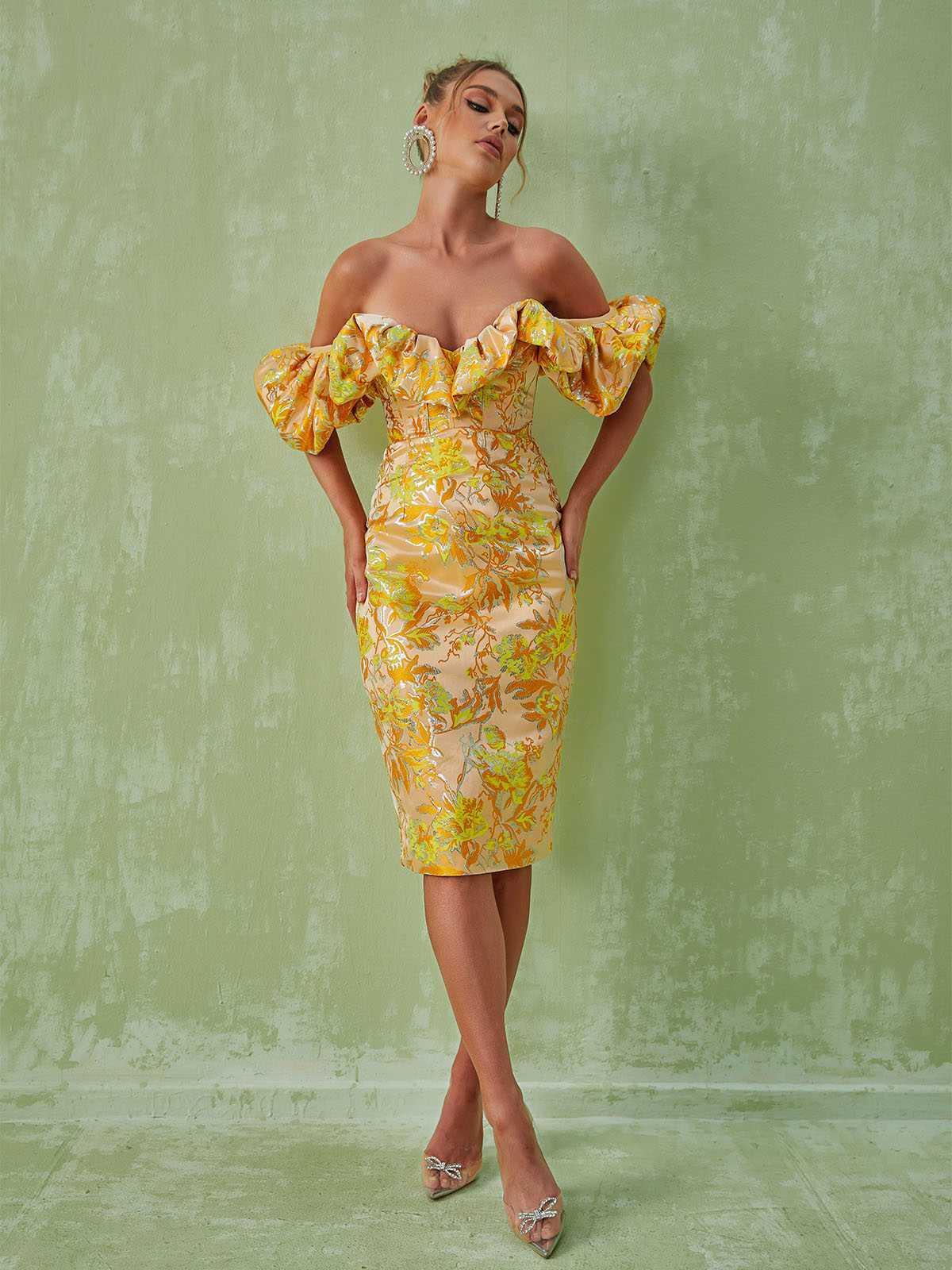 Kore Off Shoulder Jacquard Midi Dress in yellow, featuring v-neck and elegant split design, perfect for weddings and special occasions.