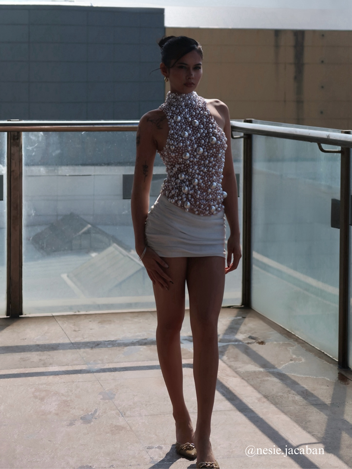 Kunigunde High Neck Lace Up Pearl Mesh Top
