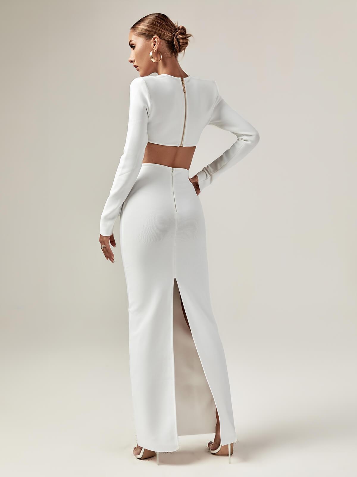 Kynlee Cutout Bandage Set featuring stylish cutouts and long sleeves, ideal for elegant parties and fashionable night outs.