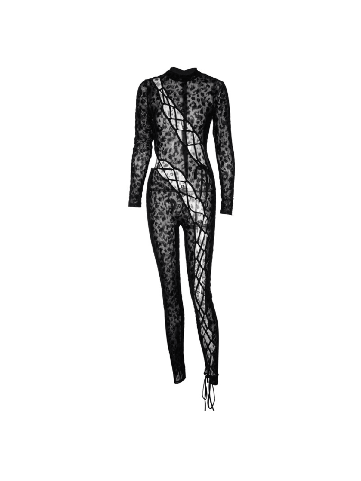 Bopo Lace Up Leopard Printed Mesh Jumpsuit showcasing stylish leopard print and lightweight mesh fabric.
