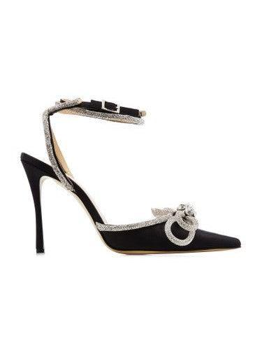 Laila Bow Crystal Satin Heels in Black with unique bow detail and elegant design, perfect for stylish women.